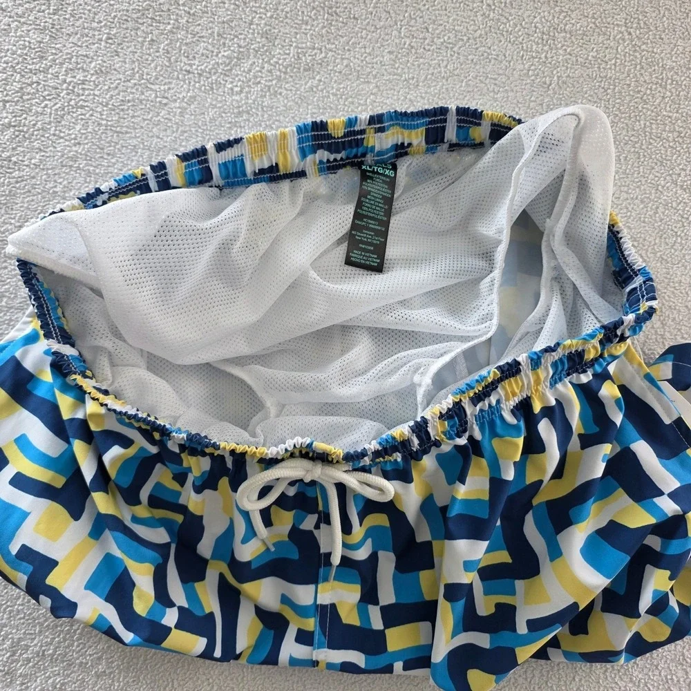 Hot‎ Coals Mens XL Swim Trunks Blue Yellow Geometric Maze Quick Dry UPF 50+ NWT